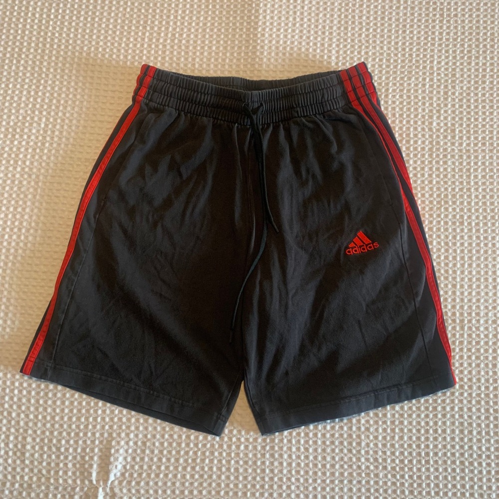 Adidas Mens Athletic Shorts Black Red Three Stripe Embroidered Logo Drawstring